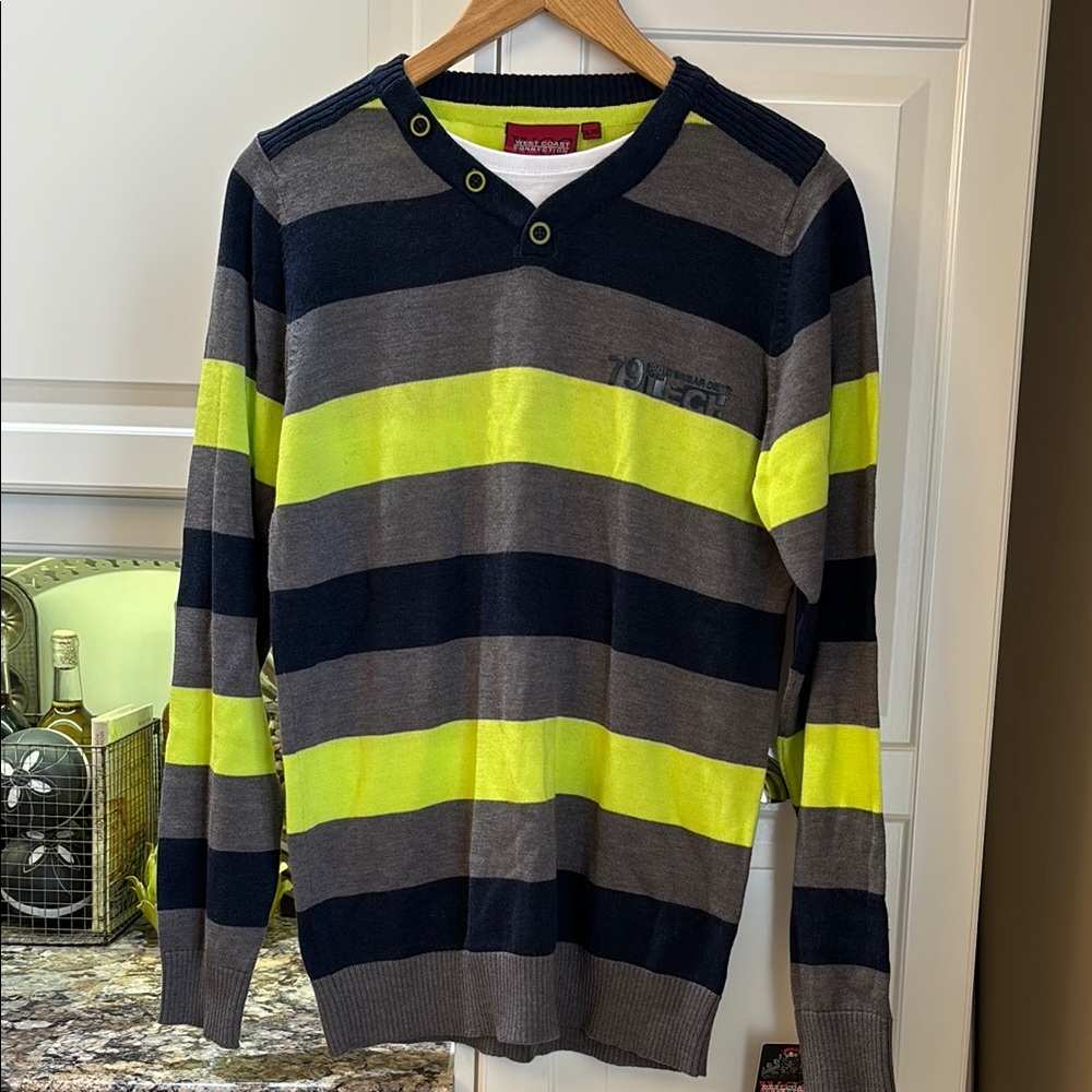 West Coast Connection Striped Gray and Yellow Sweater (with neon stripes) , NWT